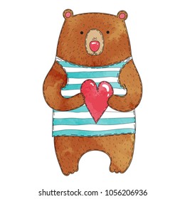Cute grizzly bear in striped sailor suit with heart toy in paws. Vector watercolor. Cartoon style. Isolated on white background