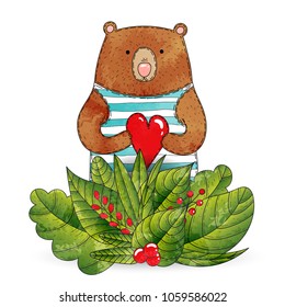 Cute grizzly bear in striped sailor suit with heart toy in paws. Vector watercolor. Cartoon style. Green leaves and red berries. Wild bear in the forest