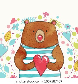 Cute grizzly bear in striped sailor suit with heart toy in paws. Vector watercolor. Cartoon style. Flowers, leaves, dots and hearts
