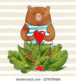 Cute grizzly bear in striped sailor suit with heart toy in paws. Vector watercolor. Cartoon style. Green leaves and red berries. Wild bear in the forest