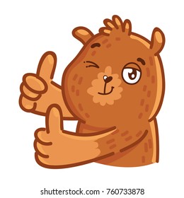 Cute Grizzly Bear: thumbs up, like sign, happy, good mood emotions, hand gestures. Set of characters in vector hand drawn style, doodle cartoon illustration. As logo, mascot, sticker, emoji