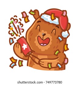 Cute grizzly Bear wearing Santa Claus hat: holding party popper with confetti. Set of cartoon characters illustration for Christmas and New Year celebration. In vector hand drawn doodle style
