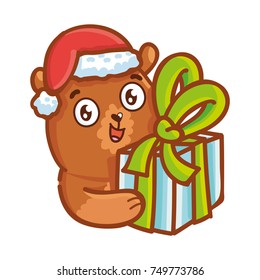 Cute grizzly Bear wearing Santa Claus outfit holding gift, present box with bow. Set of cartoon characters illustration for Christmas and New Year celebration. In vector hand drawn doodle style