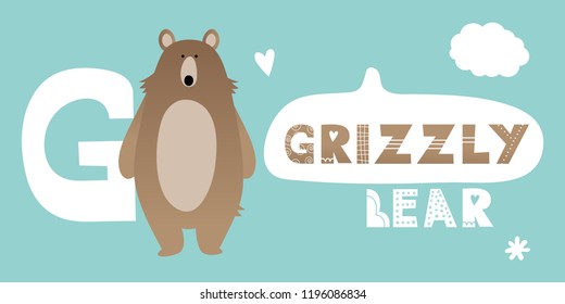 Cute grizzly brown bear. Alphabet with forest animals. Caption: grizzly bear. Letter G. Vector childish illustration on blue background. Elements for design. Cloud, heart, flower.