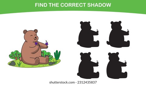 Cute Grizzly Brown Bear. found the correct shadow. Kids Education games. Cartoon vector illustration