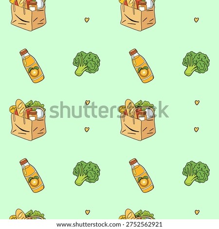 Cute Grocery Bag Seamless Pattern with Vegetables and Juice