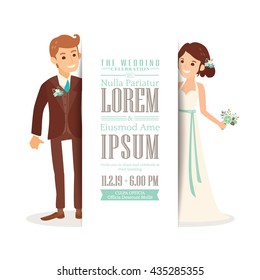 Cute groom and bride cartoon isolated on white background, Wedding celebration sign board template