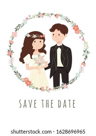 cute groom and bride Couple cartoon style Wedding card with floral frame isolated on white background