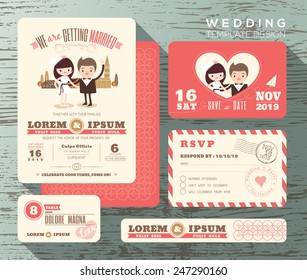 Cute groom and bride couple wedding invitation set design Template Vector response card save the date card