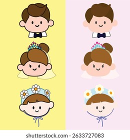 Groom bonito, noiva e conjunto de caracteres de menina de flor