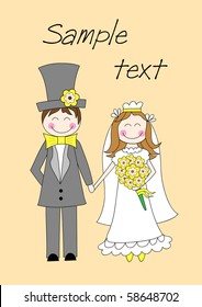 Cute groom and bride standing and holding hands, vector illustration