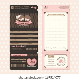 Cute Groom and Bride Vintage Boarding Pass Ticket Wedding Invitation design Template Vector