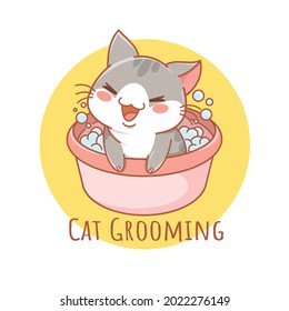 cute grooming cat pet care cartoon logo