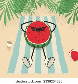 a cute groove style half of a watermelon character lies on  a towel on the  beach under palm leaves near a paper cup and ball 