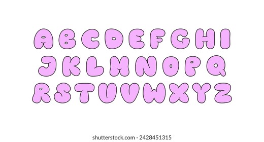 Cute groovy alphabet in retro cartoon style. Pink bubble typeface font. Vector outline illustration 