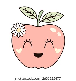 Cute groovy apple clipart, cartoon summer fruit character. Adorable hand drawn vector illustration in flat style	
