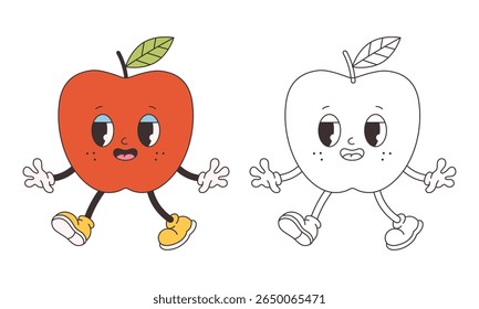 Cute groovy apple coloring page. Trendy funky retro cartoon fruit character. Groovy summer coloring book. Vector illustration in flat style