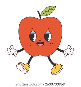 Cute groovy apple. Trendy funky retro cartoon fruit character. Groovy summer collection. Vector illustration in flat style