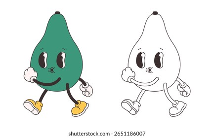 Cute groovy avocado coloring page. Trendy funky retro cartoon fruit character. Groovy summer coloring book. Vector illustration in flat style