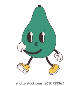 Cute groovy avocado. Trendy funky retro cartoon fruit character. Groovy summer collection. Vector illustration in flat style