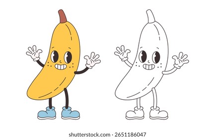 Página de coloração de banana groovy bonito. Personagem de fruta de desenho animado funky na moda. Livro de cores de verão Groovy. Ilustração vetorial em estilo plano
