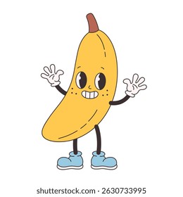 Cute groovy banana. Trendy funky retro cartoon fruit character. Groovy summer collection. Vector illustration in flat style