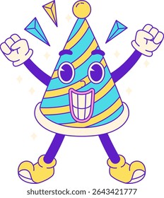 Cute Groovy Birthday Fun Flat Illustration. Party Icon Concept Isolated