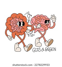 Personajes de cerebro y de intestinos gruñidos caminando juntos. Ilustración de mascotas de dibujos retro a mano vectorial. El concepto de cerebro gracioso y amigos agallas en el estilo retro de los años 70.