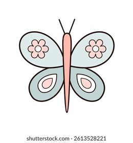 Cute groovy butterfly, isolated cartoon seasonal character. Hand drawn vector illustration in flat style.