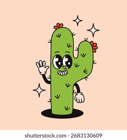 Cute groovy cactus character. Flat vector illustration.