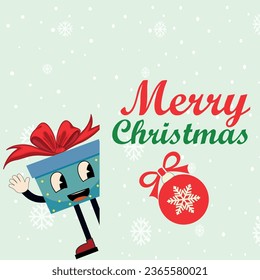 Cute groovy card with cartoon gift box in groovy style. Hippie Groovy Xmas sign Merry Christmas. Merry Christmas and Happy New year in trendy groovy hippie style. Vector illustration