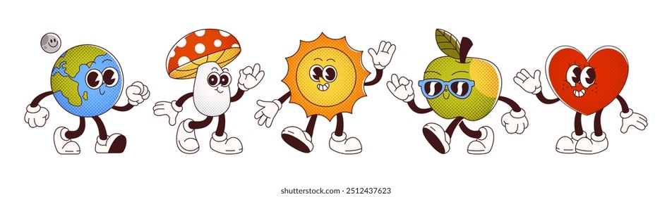 Lindos personajes de dibujos animados groovy. Mascota de Vector retro cómico con caras divertidas, manos y piernas: globo terráqueo con luna, champiñón con gorra de puntos rojos, sol con explosión, manzana verde en gafas de sol, corazón.