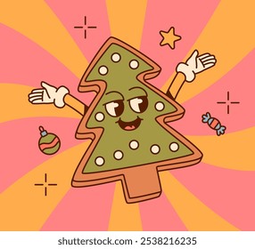 Cute groovy cartoon Christmas cookie shaped like a tree, decorated with icing on a colorful background. Holiday and winter celebration concept.