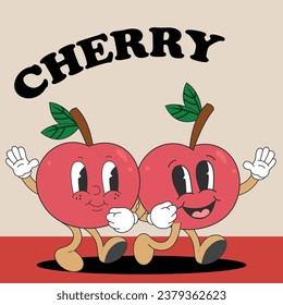 Cute groovy character cherry. Fruit retro funky cartoon characters. Comic mascot of cheery with happy smile face, hands and feet. Fruits flower berries juicy sticker pack.