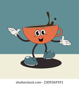 Cute, groovy character walking a cup of coffee in a cartoon retro style of the 70s. Suitable for the coffee shop logo, print design with the mascot "cartoon coffee". Vector illustration, eps10