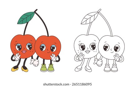 Página de coloração groovy cereja bonito. Personagem de fruta de desenho animado funky na moda. Livro de cores de verão Groovy. Ilustração vetorial em estilo plano