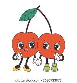 Cute groovy cherry. Trendy funky retro cartoon fruit character. Groovy summer collection. Vector illustration in flat style