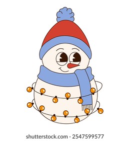 Cute Groovy Christmas Snowman character. Retro vintage cartoon style. Perfect for holiday themed designs.