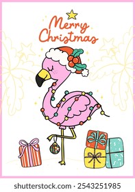 Cute Groovy Christmas Summer Pink Flamingo pile of gifts idea for greeting card and banner