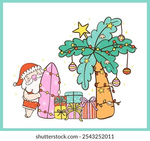 Cute Groovy Christmas Summer Santa with Surfboard and Decorated Palm Tree idea for greeting card