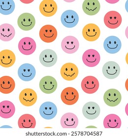 Cute groovy circles with faces seamless pattern for nursery decor, textile prints, birthday paper, wrapping paper, scrapbooking, stationery, backgrounds, digital paper, etc. EPS 10