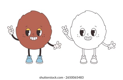 Página de coloração de coco groovy bonito. Personagem de fruta de desenho animado funky na moda. Livro de cores de verão Groovy. Ilustração vetorial em estilo plano