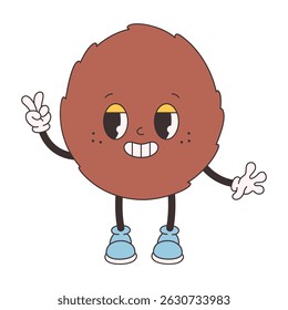 Cute groovy coconut. Trendy funky retro cartoon fruit character. Groovy summer collection. Vector illustration in flat style