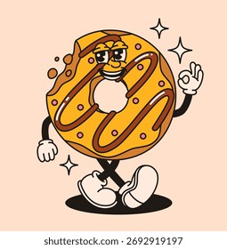 Lindo carácter de rosquilla groovy. Ilustración vectorial plana.