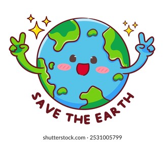 Cute Groovy Earth With Peace Hand Cartoon Vector. Save the Eave Concept Design. Smiling Positive Vibes Icon Vintage Style.