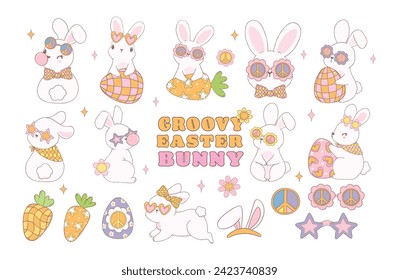 Cute Groovy Easter Bunny collection, Playful cartoon doodle animal hand drawing set.