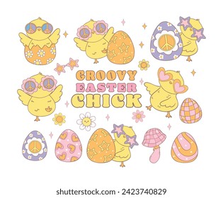Cute Groovy Easter Chick collection, Playful Festive Holiday cartoon doodle animal hand drawing set.