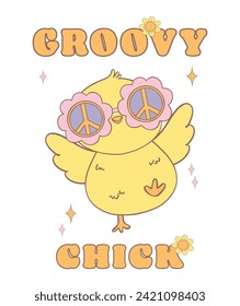 Cute Groovy Easter Chick wears star glasses. Playful cartoon doodle animal character hand drawing.