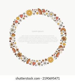 Cute groovy elements in circle frame. Retro design template for invitation, presentation, poster and other.