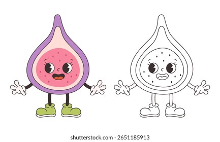 Cute groovy fig fruit coloring page. Trendy funky retro cartoon fruit character. Groovy summer coloring book. Vector illustration in flat style
